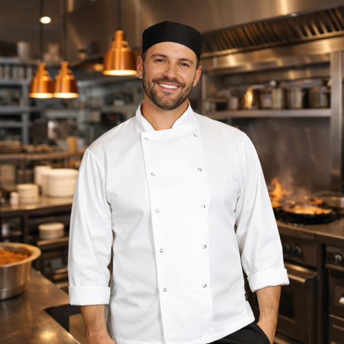 Denny's Budget kuchársky rondón dlhý rukáv - farba biela