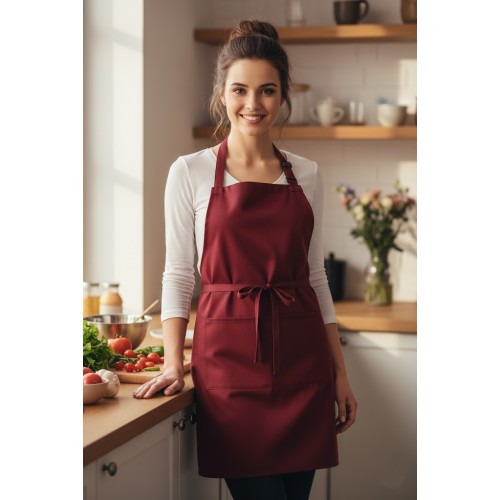 Denny's DP210 kuchárska zástera s trakmi a vreckom vínovo červená