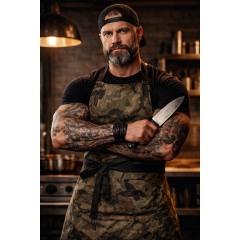 Kariban K885 casnicka a kuchárska zástera s vreckom kamufláž